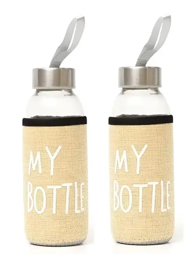 Set of 2 Premium 300ml Eco Glass Sipper Bottles – “MY BOTTLE” with Jute Sleeve | Leakproof, Reusable, Stylish